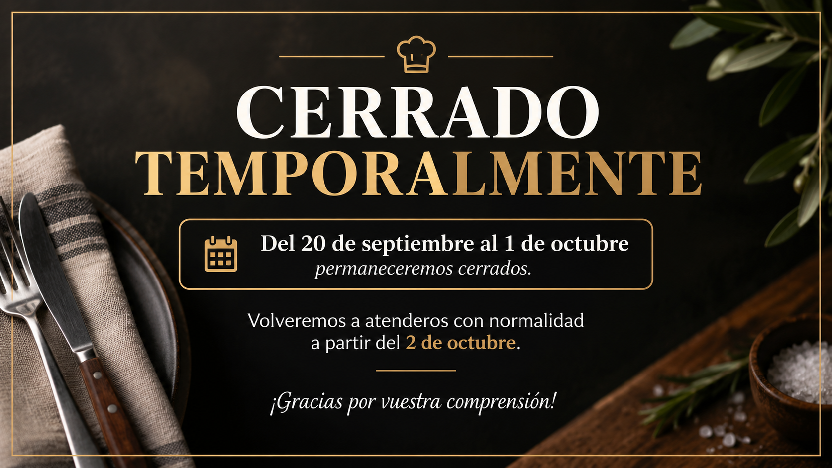 Cerrado temporalmente del 20 de septiembre al 1 de octubre